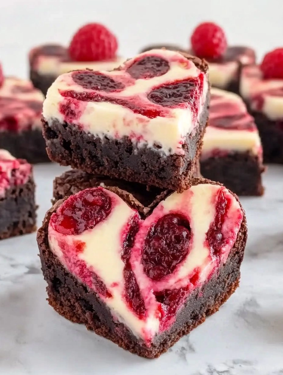 Heart Shaped Brownies (with Raspberry Swirl and Cheesecake Topping)