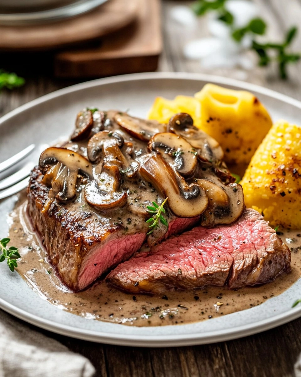 Pink Roasted Steak with Mushroom Sauce