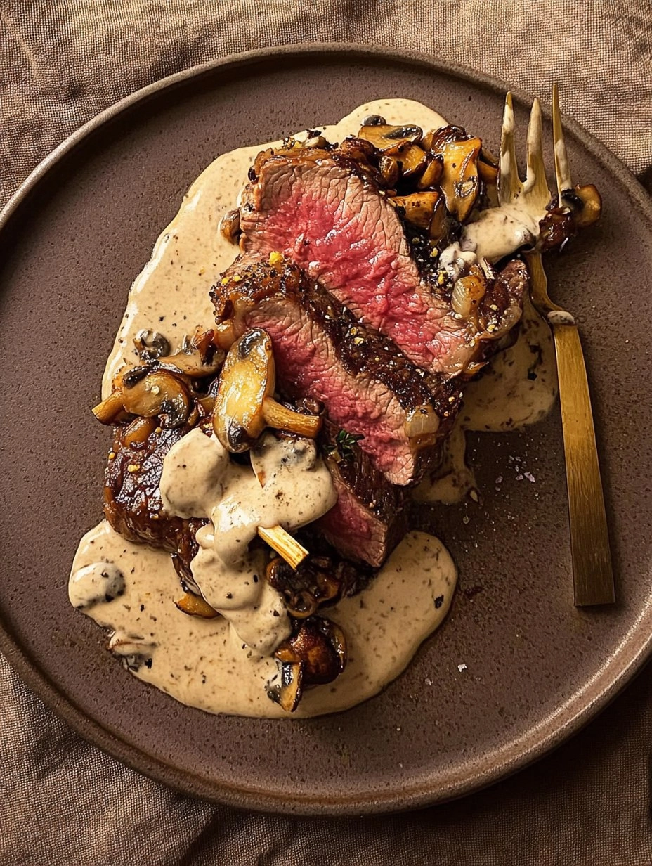 Pink Roasted Steak with Mushroom Sauce