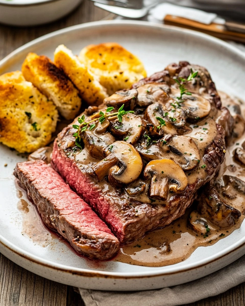 Pink Roasted Steak with Mushroom Sauce