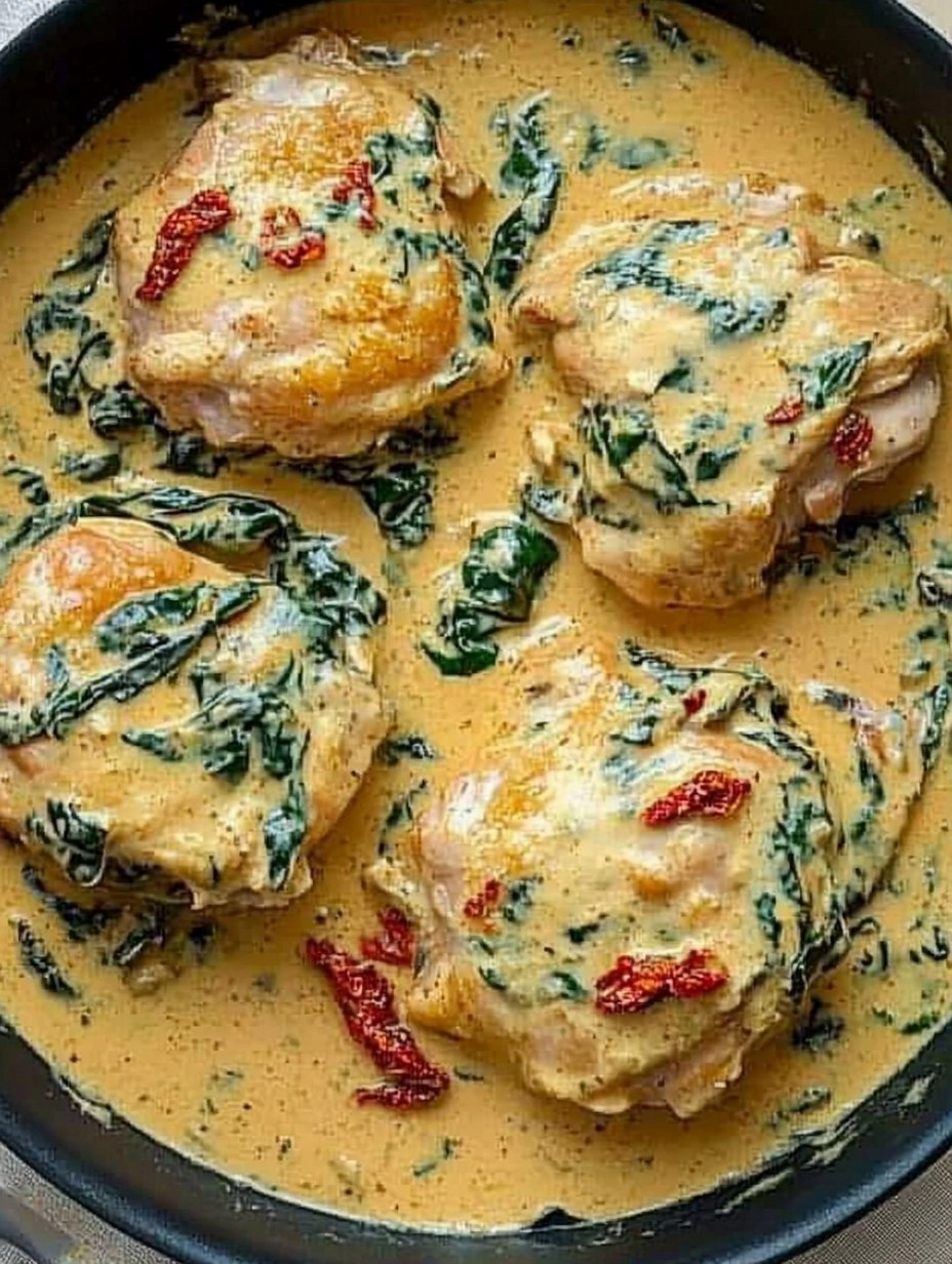 One-Pan Creamy Tuscan Chicken Thighs with Spinach & Sun-Dried Tomatoes