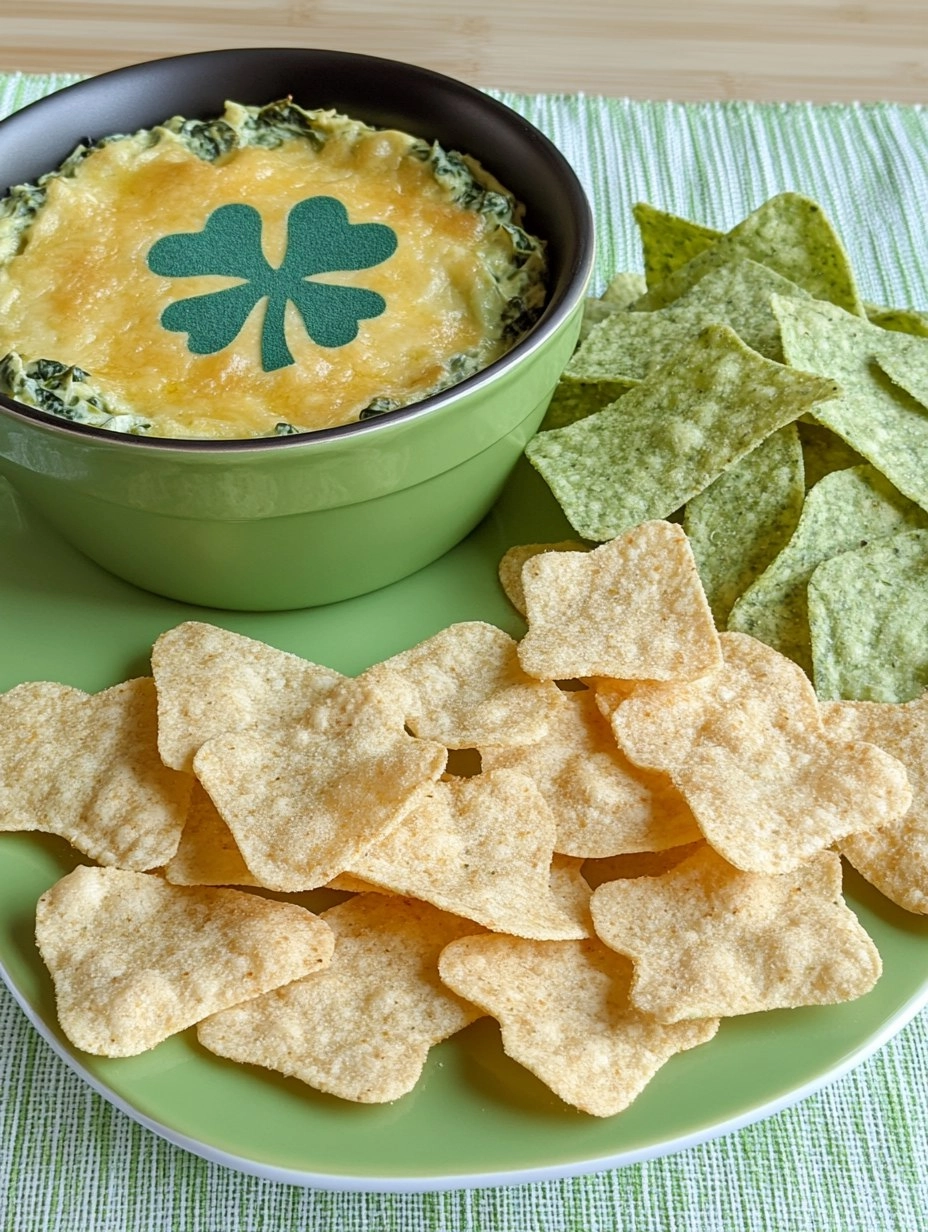 Shamrock Spinach Artichoke Dip with Green Tortilla Chips