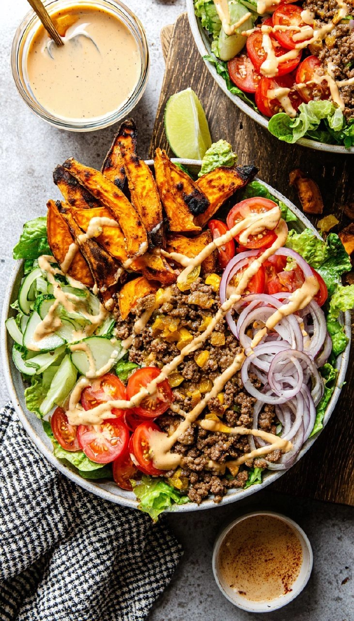 Burger Bowls with Chipotle Ranch Sweet Potato Fries 115 Burger Bowls with Chipotle Ranch Sweet Potato Fries