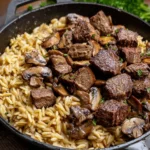 Steak-Bites-with-Creamy-Mushroom-Orzo-Recipe