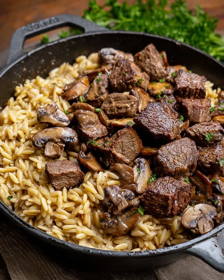 Steak-Bites-with-Creamy-Mushroom-Orzo-Recipe