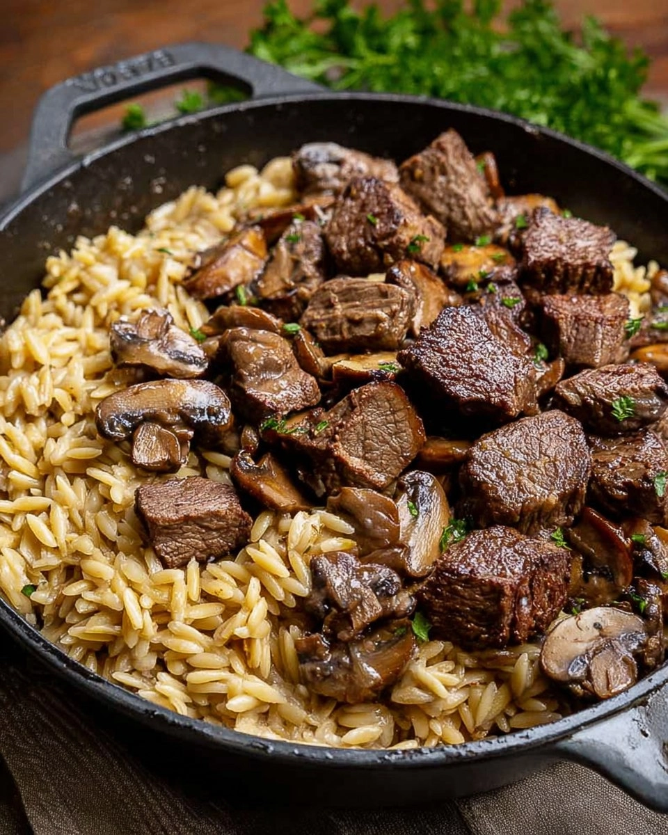 Steak Bites with Creamy Mushroom Orzo