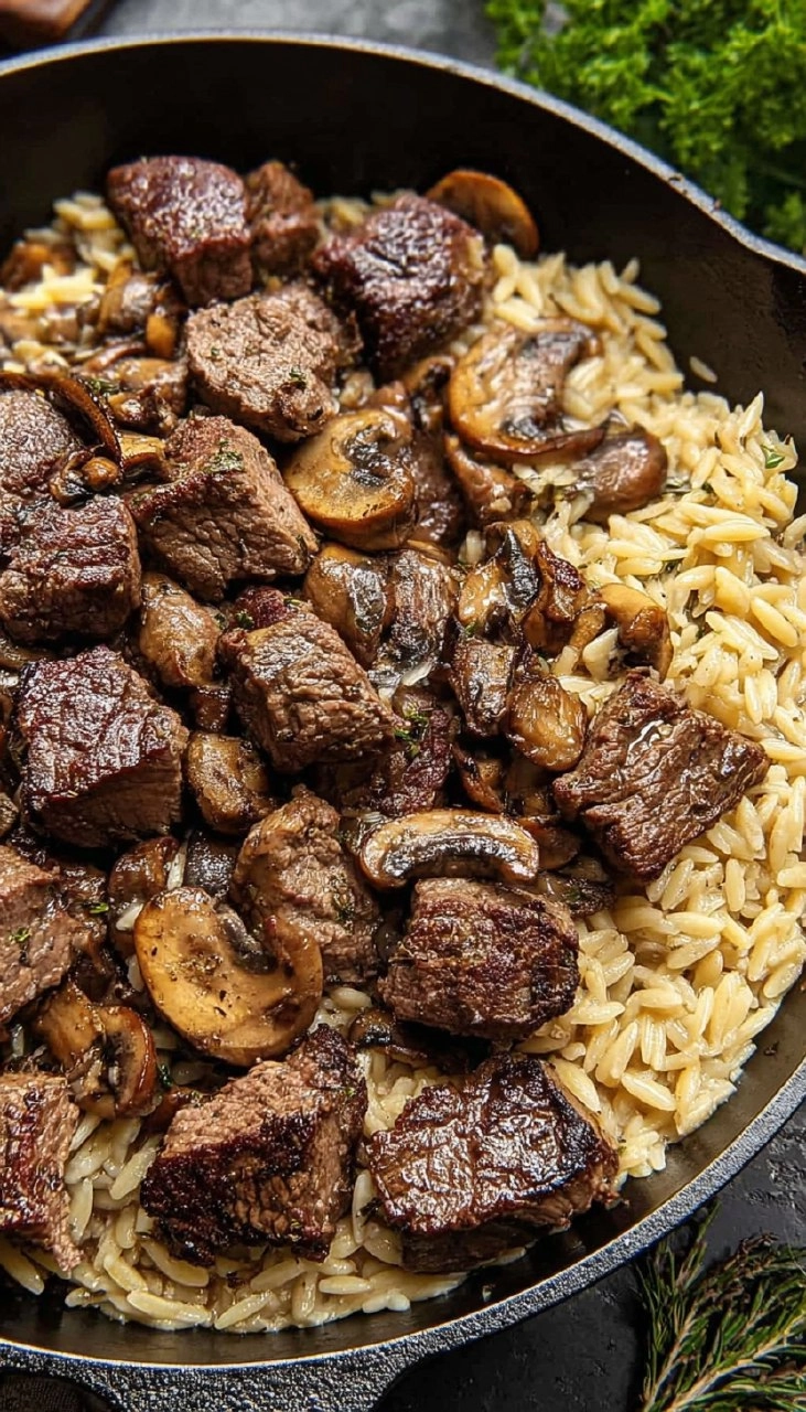 Steak Bites with Creamy Mushroom Orzo
