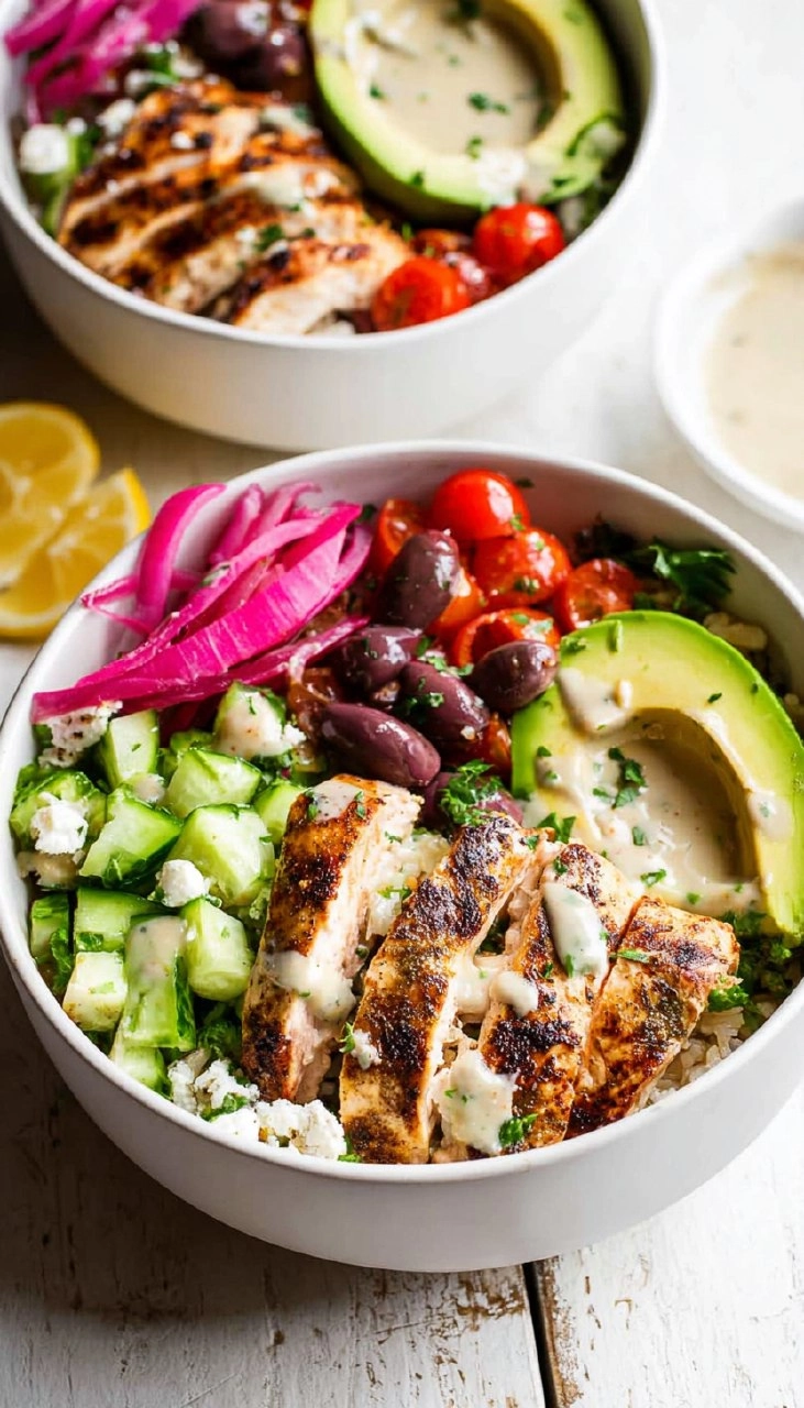 Greek Chicken Bowls with Lemon Garlic Tahini Sauce (Healthy Mediterranean Bowls)