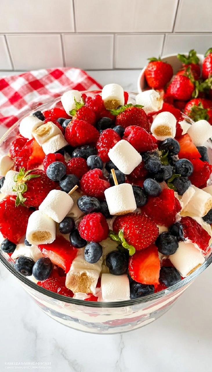 Red White and Blue Cheesecake Salad | Patriotic No-Bake Dessert for the 4th of July