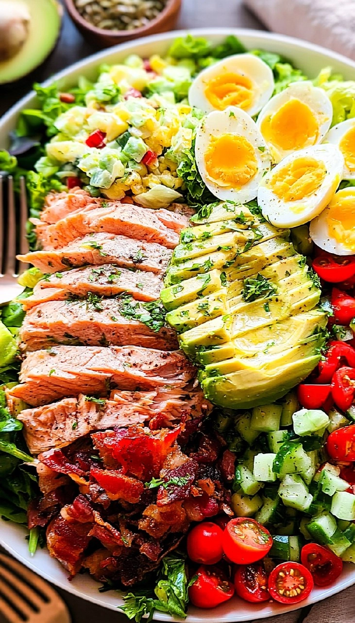 Salmon Cobb Salad with Avocado and Bacon (Whole30, Keto)