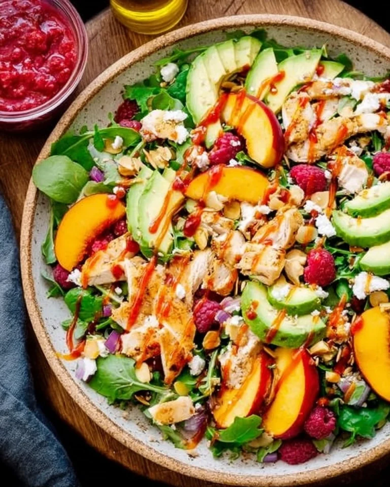 Chicken-Salad-with-Peaches-Avocado-Fresh-Raspberry-Dressing-Recipe