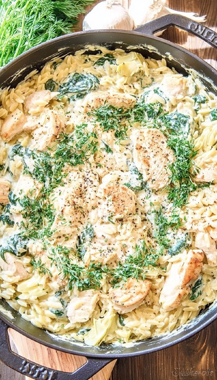 One Pot Spinach Artichoke Chicken Orzo