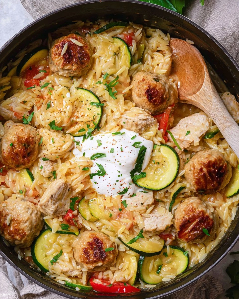 Summer Squash Orzo Skillet with Chicken Meatballs