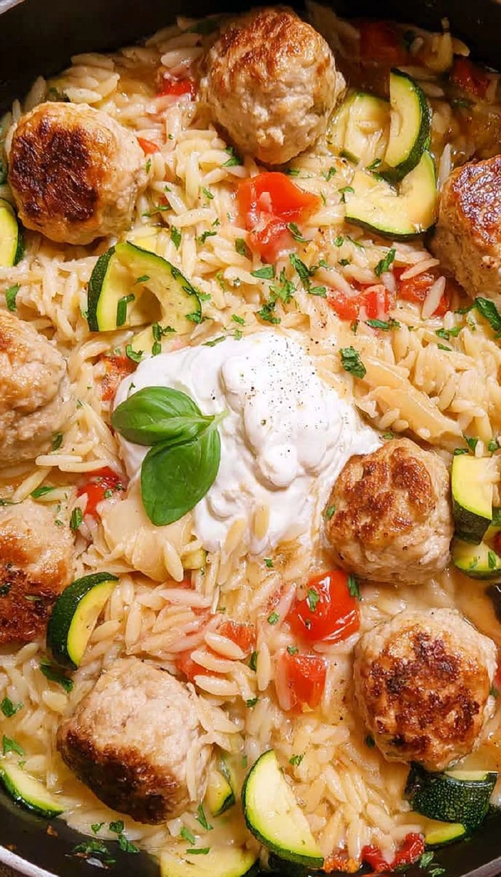 Summer Squash Orzo Skillet with Chicken Meatballs